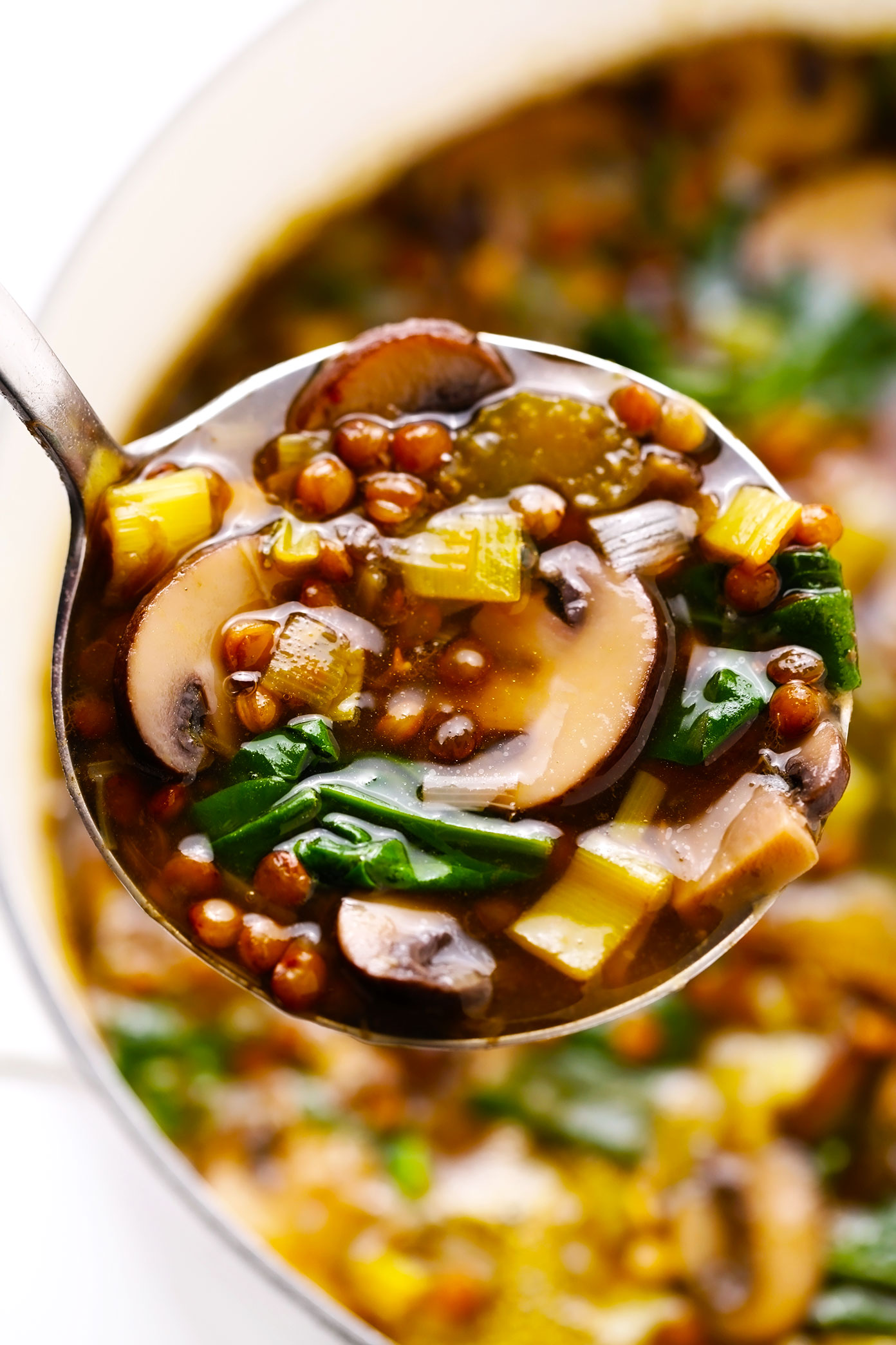 法式扁豆汤用蘑菇和菠菜在钢包